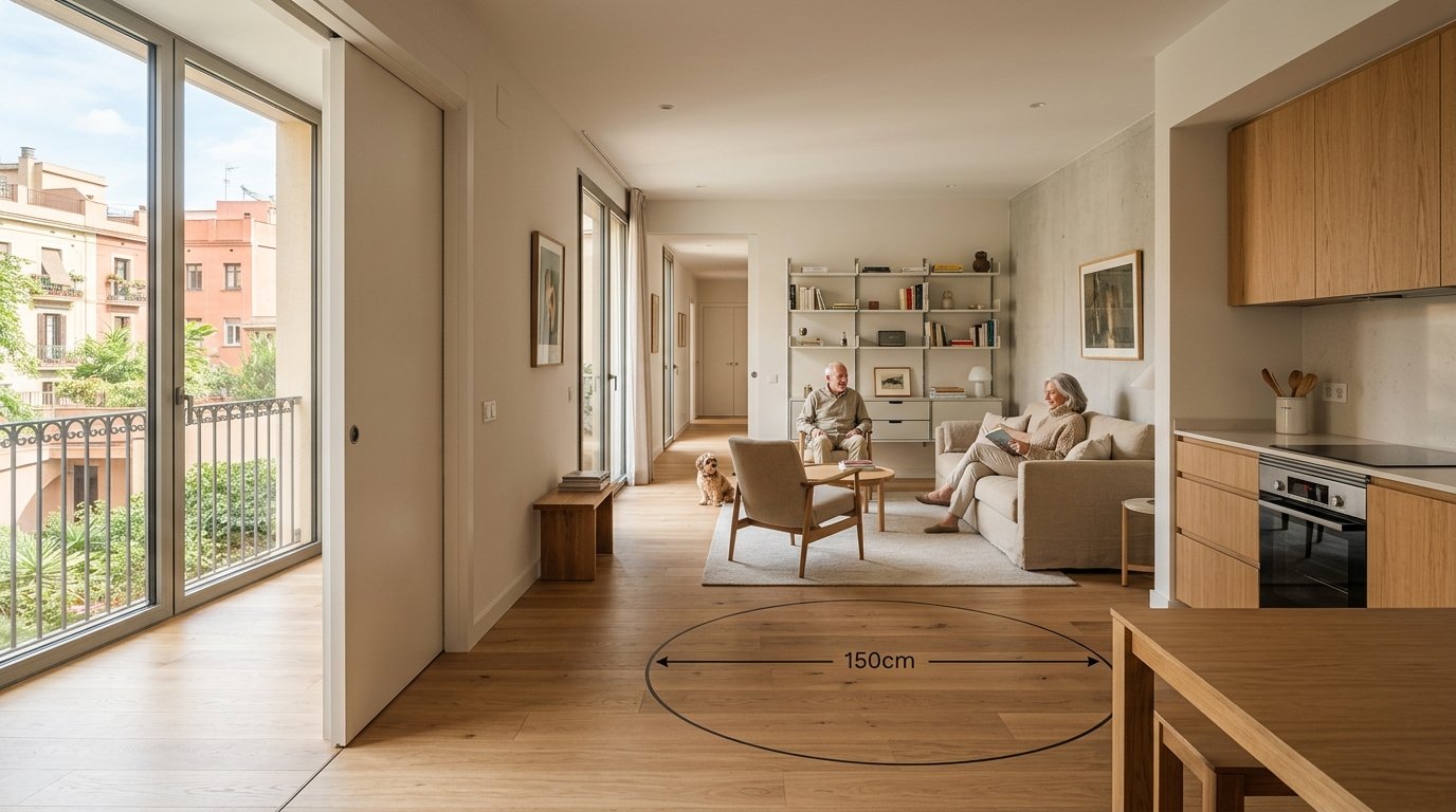 Vivienda adaptada accesible sin barreras arquitectónicas con puertas correderas y radio de giro de 150cm en Barcelona