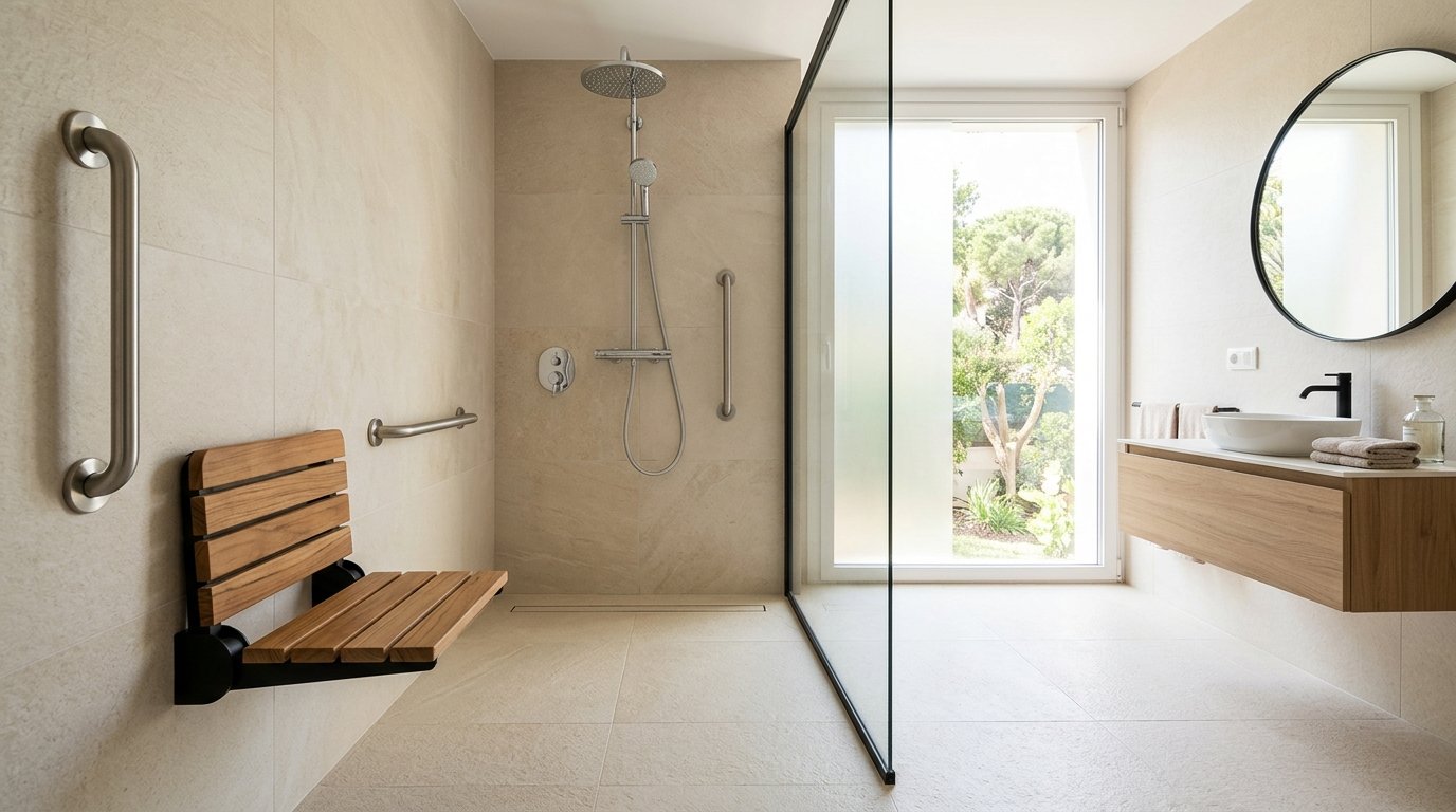 Ducha accesible enrasada a cota zero antideslizante Grado 3 con asiento abatible y asideros en Barcelona