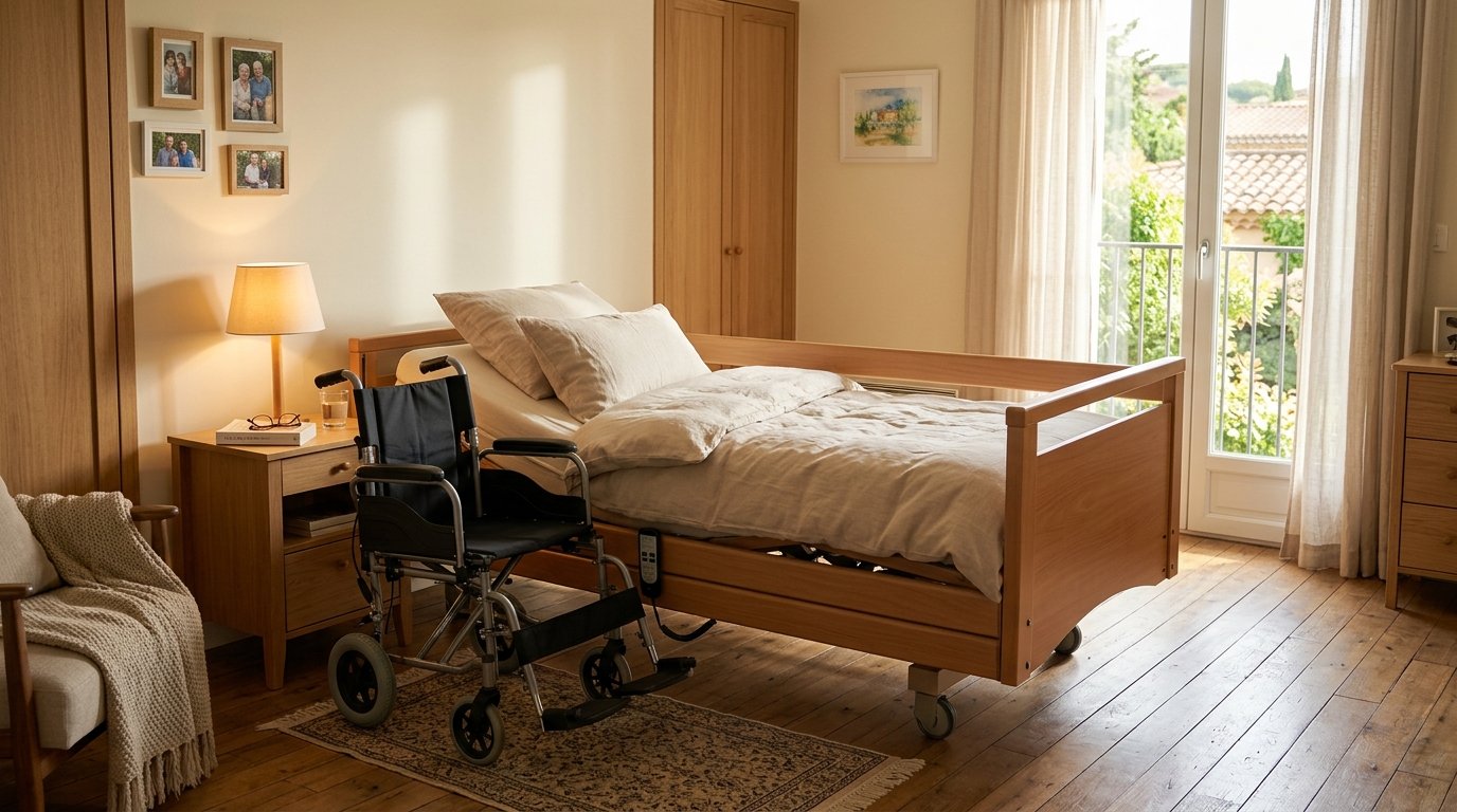Dormitorio adaptado con cama articulada eléctrica elevable y silla de ruedas ligera para movilidad reducida