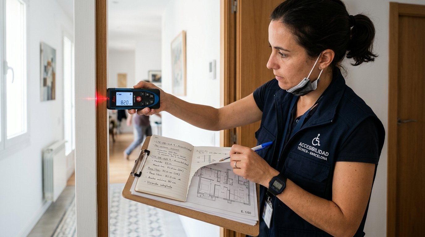 Técnico de accesibilidad midiendo el paso de puertas con medidor láser y planos en Barcelona