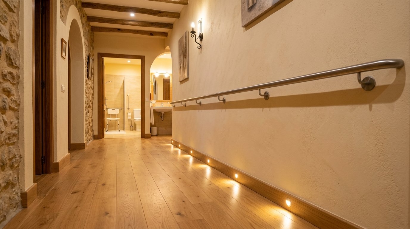 Pasillo de vivienda adaptada con iluminación LED a ras de suelo y pasamanos continuo en Cataluña