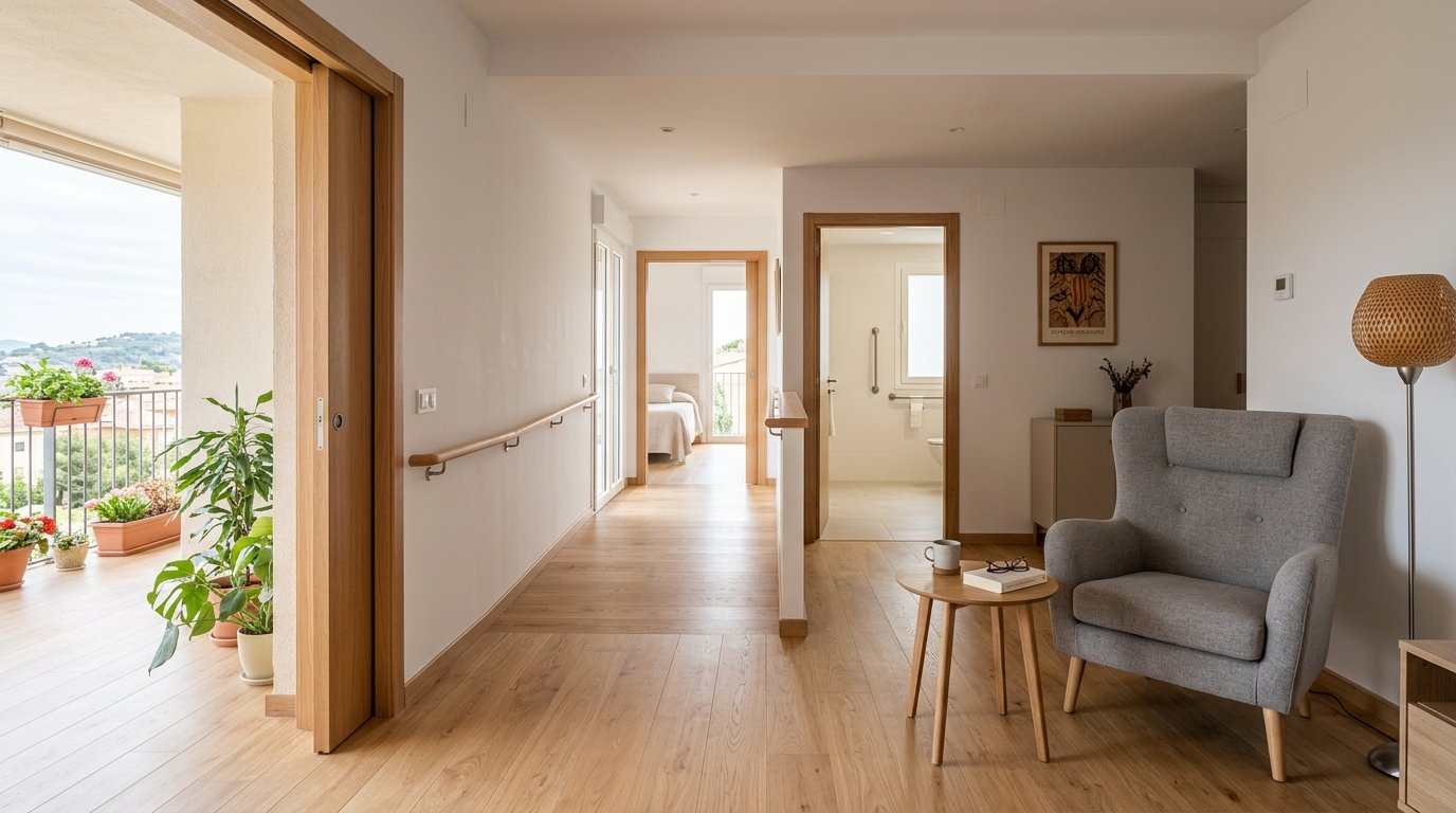 Vivienda luminosa y accesible adaptada para personas mayores en Barcelona con puertas correderas y asideros ergonómicos