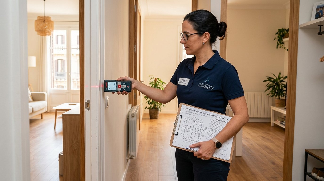 Estudio técnico de accesibilidad en vivienda por arquitecto técnico con distanciómetro láser en Barcelona