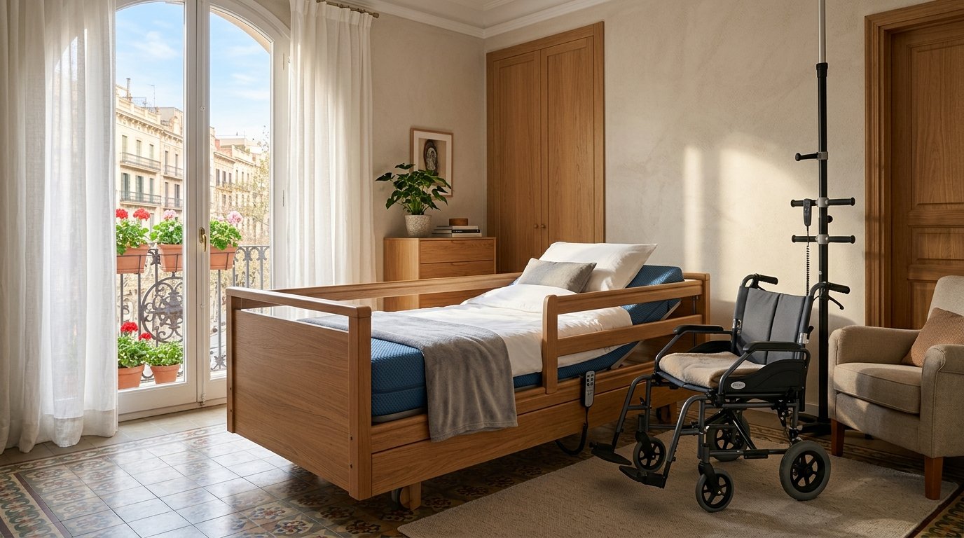 Cama articulada eléctrica con carro elevador y productos ortopédicos para el hogar en Barcelona