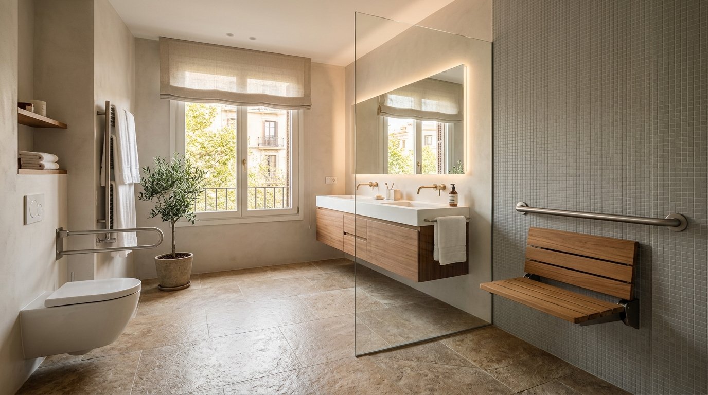 Reforma técnica de baño accesible adaptado con ducha a cota cero antideslizante Grado 3, mampara abatible y asiento de teca en Barcelona