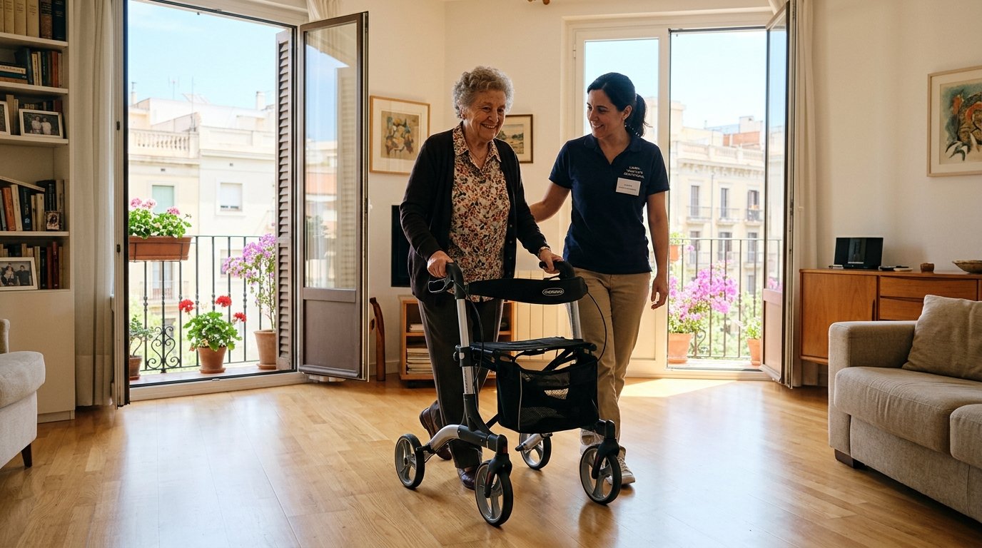 Persona mayor caminando con seguridad y andador ergonómico en su hogar en Barcelona junto a una asesora técnica de T-APOYAMOS