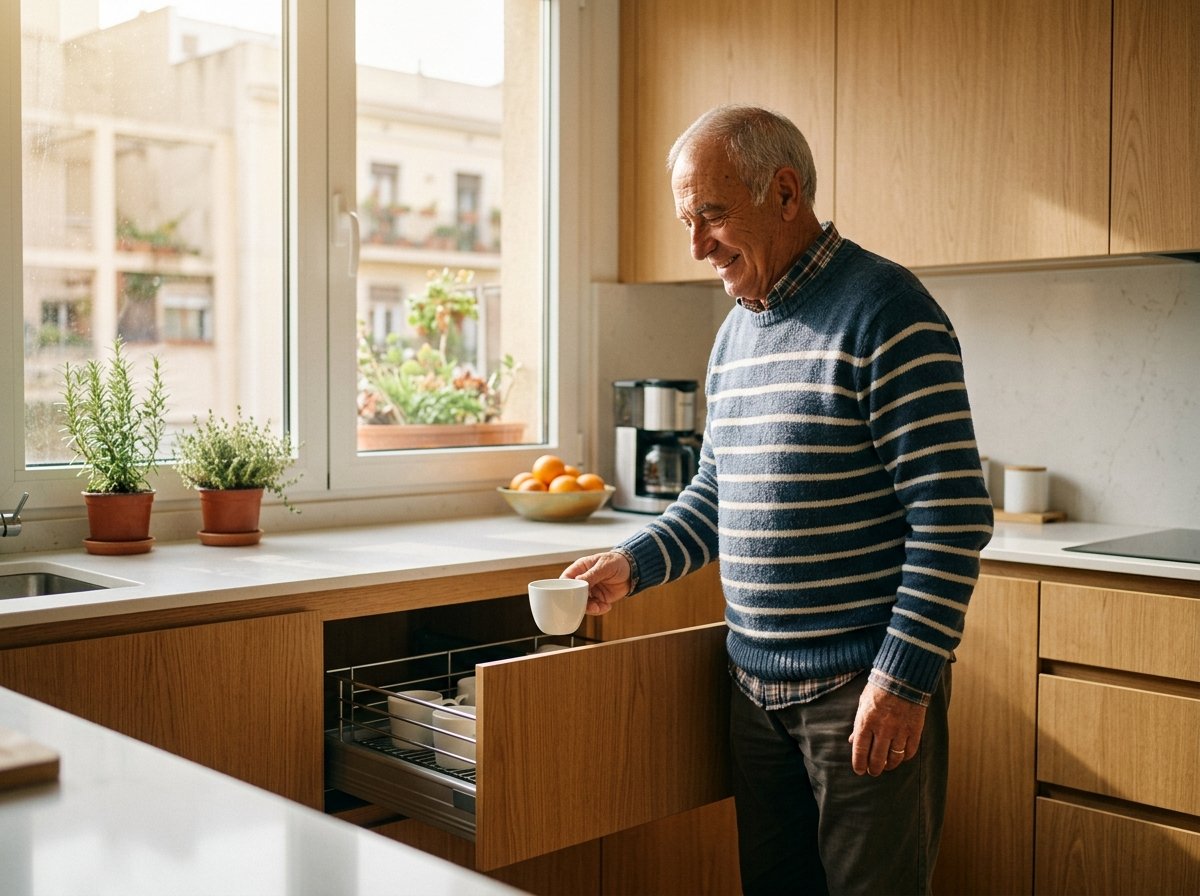 Persona mayor viviendo con autonomía en su cocina adaptada en Barcelona
